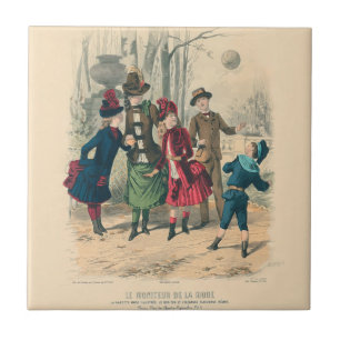 Antiek Victoriaans Kinderen Spelen Bal 1880 Winter Tegeltje