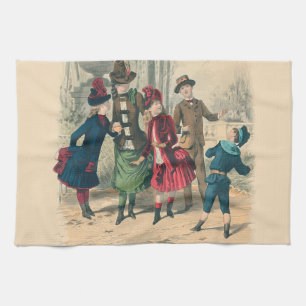 Antiek Victoriaans Kinderen Spelen Bal 1880 Winter Theedoek