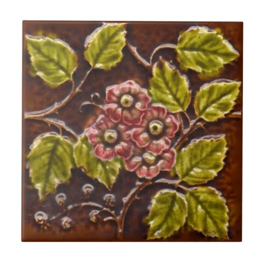 Antiek Victoriaans Majolica Floral Tile Repro Tegeltje (Voorkant)