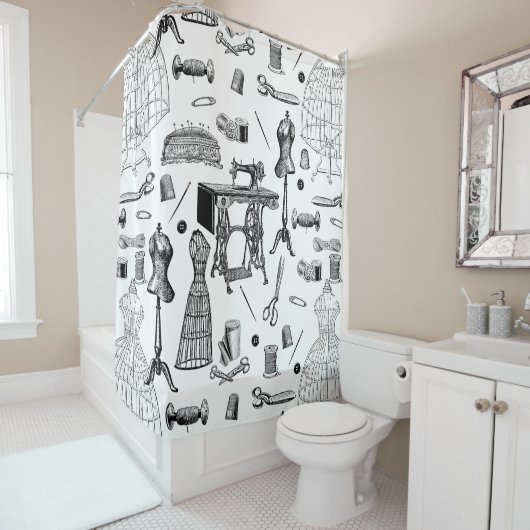 antiek Victoriaans naaimachine zwart wit toilet Douchegordijn (In situ)