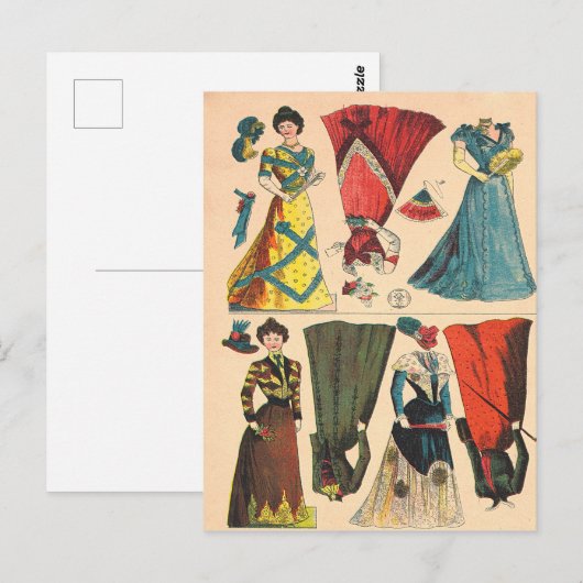 Antiek Victoriaans papier voor poppen, kleerset Briefkaart (Voorkant / Achterkant)