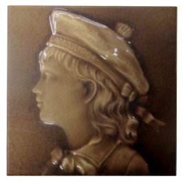 Antiek Victoriaans Repro Boy Portrait Majolica Tegeltje