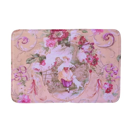 Antiek Victoriaans Toile Rococo Style Bloemen Roze Badmat (Voorkant)