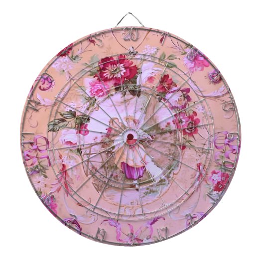 Antiek Victoriaans Toile Rococo Style Bloemen Roze Dartbord (Voorkant)