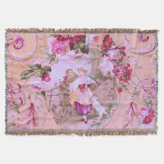 Antiek Victoriaans Toile Rococo Style Bloemen Roze Deken (Voorkant)