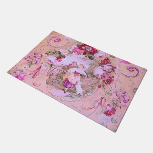 Antiek Victoriaans Toile Rococo Style Bloemen Roze Deurmat (Schuin)