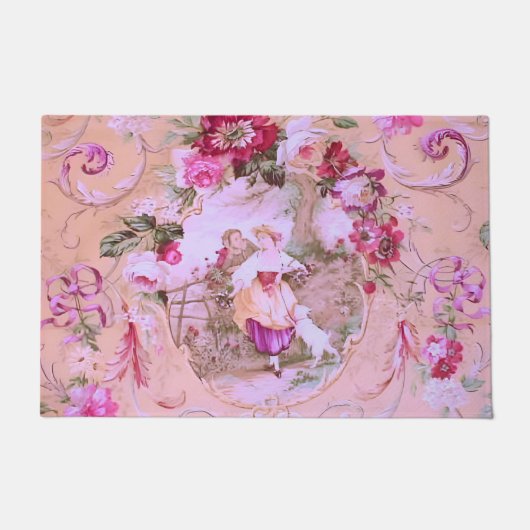Antiek Victoriaans Toile Rococo Style Bloemen Roze Deurmat (Voorkant)