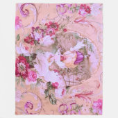 Antiek Victoriaans Toile Rococo Style Bloemen Roze Fleece Deken (Voorkant)