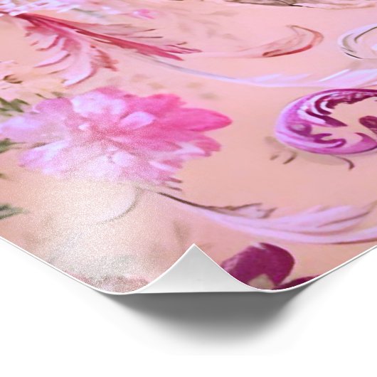 Antiek Victoriaans Toile Rococo Style Bloemen Roze Foto Afdruk (Hoek)