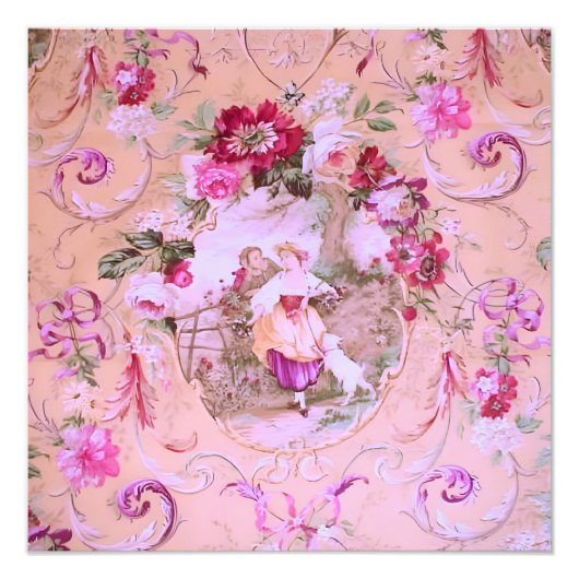 Antiek Victoriaans Toile Rococo Style Bloemen Roze Foto Afdruk (Voorkant)