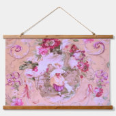 Antiek Victoriaans Toile Rococo Style Bloemen Roze Hangend Wandkleed (Voorkant)