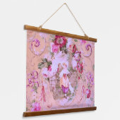 Antiek Victoriaans Toile Rococo Style Bloemen Roze Hangend Wandkleed (Gebogen)