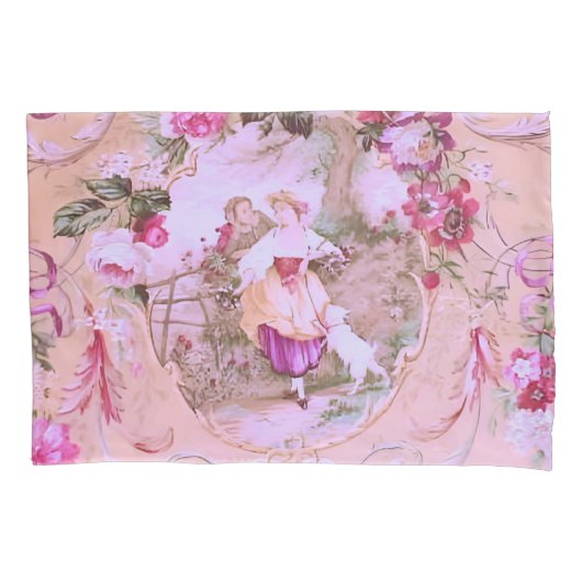 Antiek Victoriaans Toile Rococo Style Bloemen Roze Kussensloop (Voorkant)