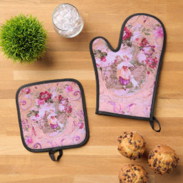 Antiek Victoriaans Toile Rococo Style Bloemen Roze Ovenwant & Pannenlap Set