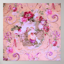 Antiek Victoriaans Toile Rococo Style Bloemen Roze Poster