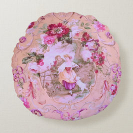 Antiek Victoriaans Toile Rococo Style Bloemen Roze Rond Kussen