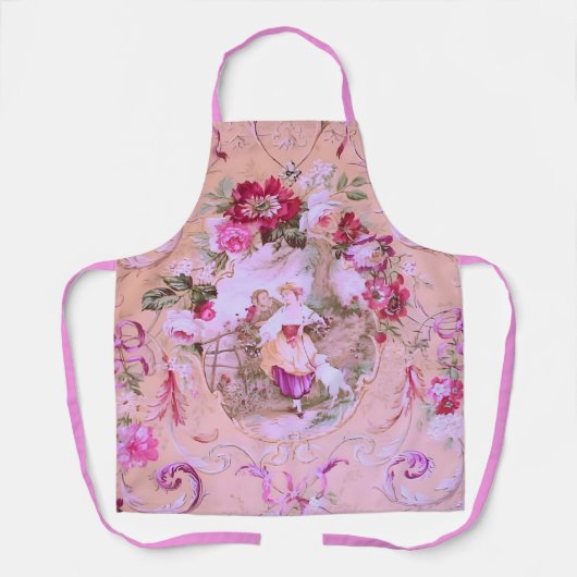 Antiek Victoriaans Toile Rococo Style Bloemen Roze Schort (Voorkant)