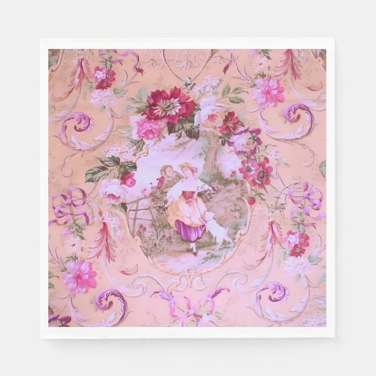 Antiek Victoriaans Toile Rococo Style Bloemen Roze Servet (Voorkant)