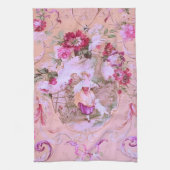 Antiek Victoriaans Toile Rococo Style Bloemen Roze Theedoek (Verticaal)