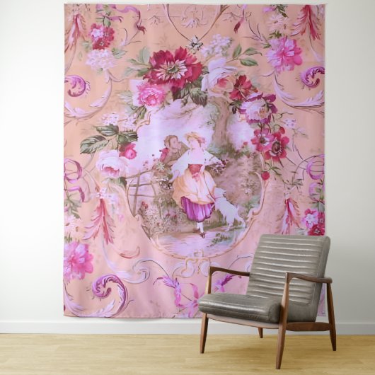 Antiek Victoriaans Toile Rococo Style Bloemen Roze Wandkleed (In situ)