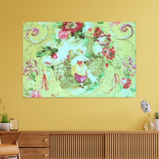 Antiek Victoriaans Toile Rococo Style Sage Green Canvas Afdruk (Insitu (Woonkamer))