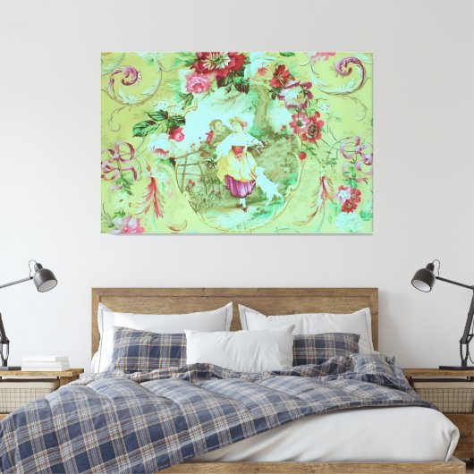 Antiek Victoriaans Toile Rococo Style Sage Green Canvas Afdruk (Insitu (Slaapkamer))