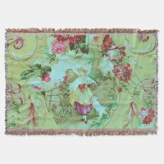 Antiek Victoriaans Toile Rococo Style Sage Green Deken (Voorkant)