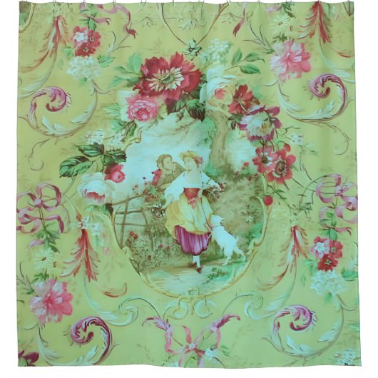 Antiek Victoriaans Toile Rococo Style Sage Green Douchegordijn (Voorkant)