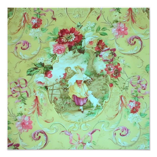 Antiek Victoriaans Toile Rococo Style Sage Green Foto Afdruk (Voorkant)