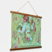 Antiek Victoriaans Toile Rococo Style Sage Green Hangend Wandkleed (Gebogen)