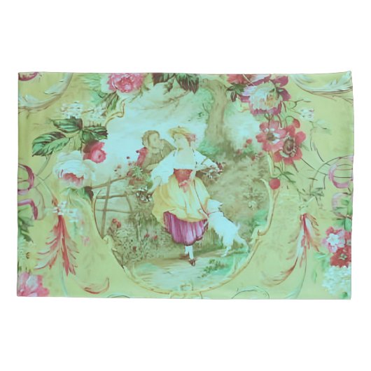 Antiek Victoriaans Toile Rococo Style Sage Green Kussensloop (Achterkant)