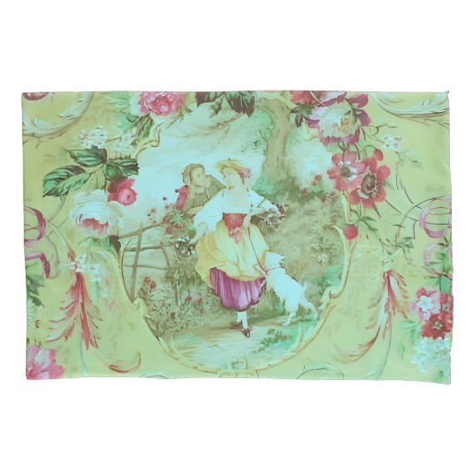 Antiek Victoriaans Toile Rococo Style Sage Green Kussensloop (Voorkant)