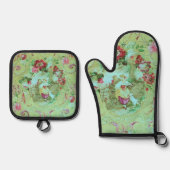 Antiek Victoriaans Toile Rococo Style Sage Green Ovenwant & Pannenlap Set (Voorkant)