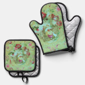 Antiek Victoriaans Toile Rococo Style Sage Green Ovenwant & Pannenlap Set (Voorkant / Achterkant)
