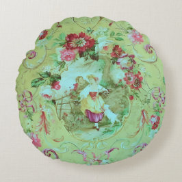 Antiek Victoriaans Toile Rococo Style Sage Green Rond Kussen