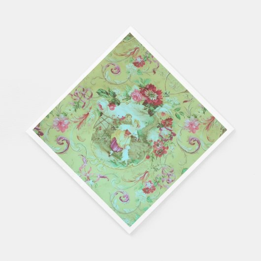 Antiek Victoriaans Toile Rococo Style Sage Green Servet (Hoek)