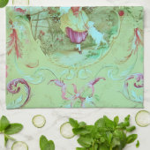 Antiek Victoriaans Toile Rococo Style Sage Green Theedoek (Gevouwen)