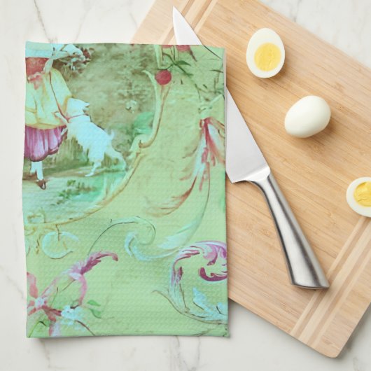 Antiek Victoriaans Toile Rococo Style Sage Green Theedoek (Quarter Fold)