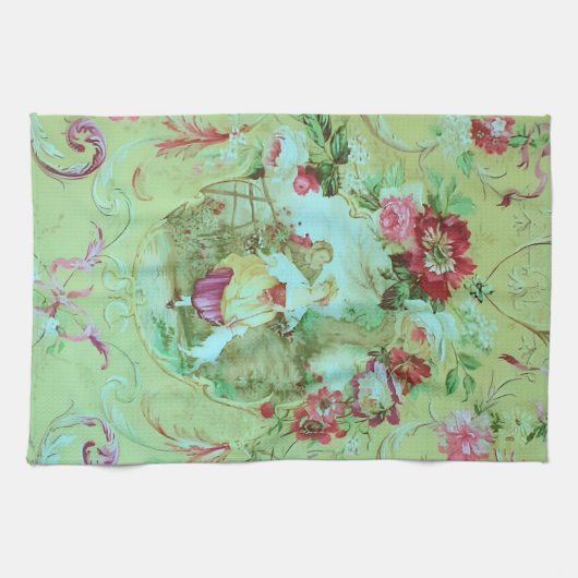 Antiek Victoriaans Toile Rococo Style Sage Green Theedoek (Horizontaal)