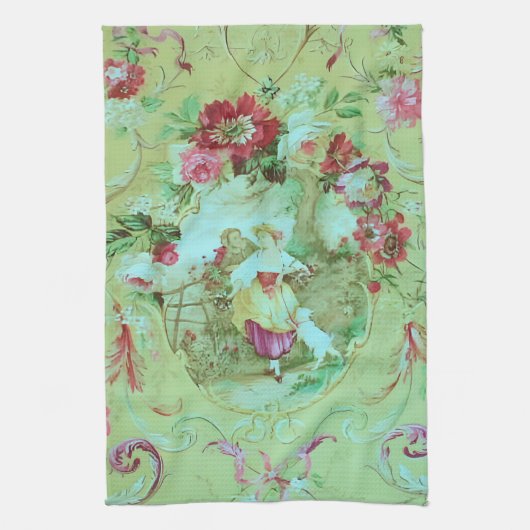 Antiek Victoriaans Toile Rococo Style Sage Green Theedoek (Verticaal)