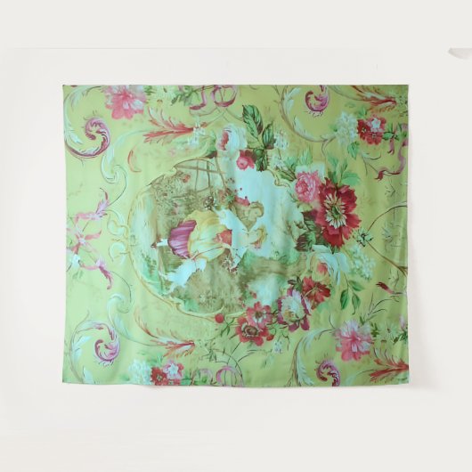 Antiek Victoriaans Toile Rococo Style Sage Green Wandkleed (Voorkant (horizontaal))