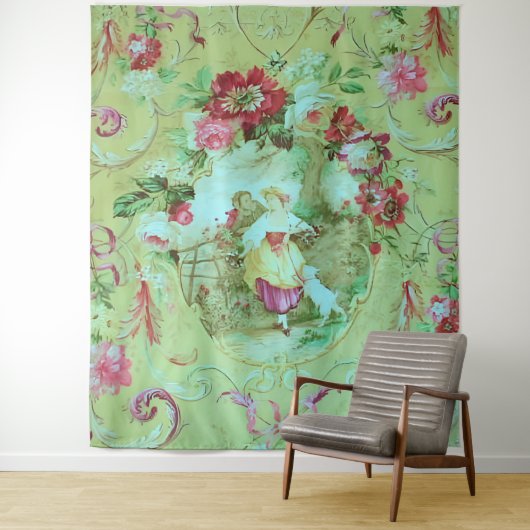Antiek Victoriaans Toile Rococo Style Sage Green Wandkleed (In situ)
