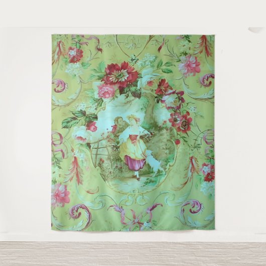 Antiek Victoriaans Toile Rococo Style Sage Green Wandkleed (Voorkant)