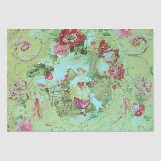 Antiek Victoriaans Toile Sage Groene Decoupage Tissuepapier (Voorkant)