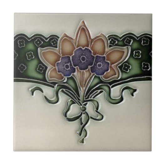 Antiek Victoriaans Violet Bouquet Border Tile Repr Tegeltje (Voorkant)