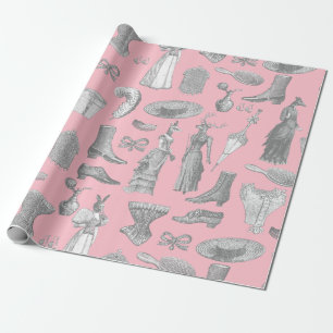 antiek Victoriaans Vrouwelijke Dieren Roze Toile V Cadeaupapier