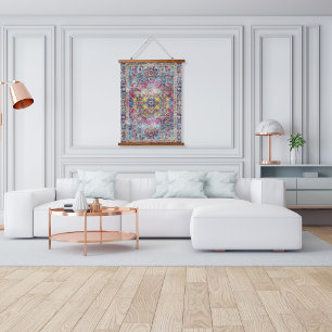 Antiek Vies Blauw Fuchsia Noodlijdend Perzisch Hangend Wandkleed