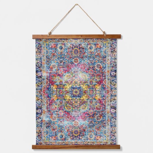 Antiek Vies Blauw Fuchsia Noodlijdend Perzisch Hangend Wandkleed (Voorkant)