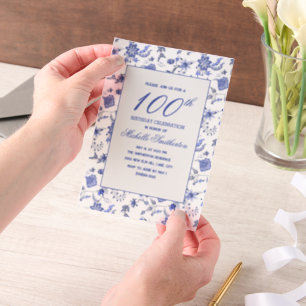 Antiek vintage blauw bloemmotief 100ste verjaardag vellum uitnodigingen