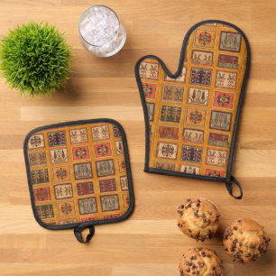 Antiek vintage oranje terracotta kilim Turks Ovenwant & Pannenlap Set